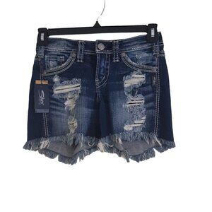 Silver Jeans Aiko NEW Mid Shorts Womens 24 Indigo Blue Distressed Fray Hem